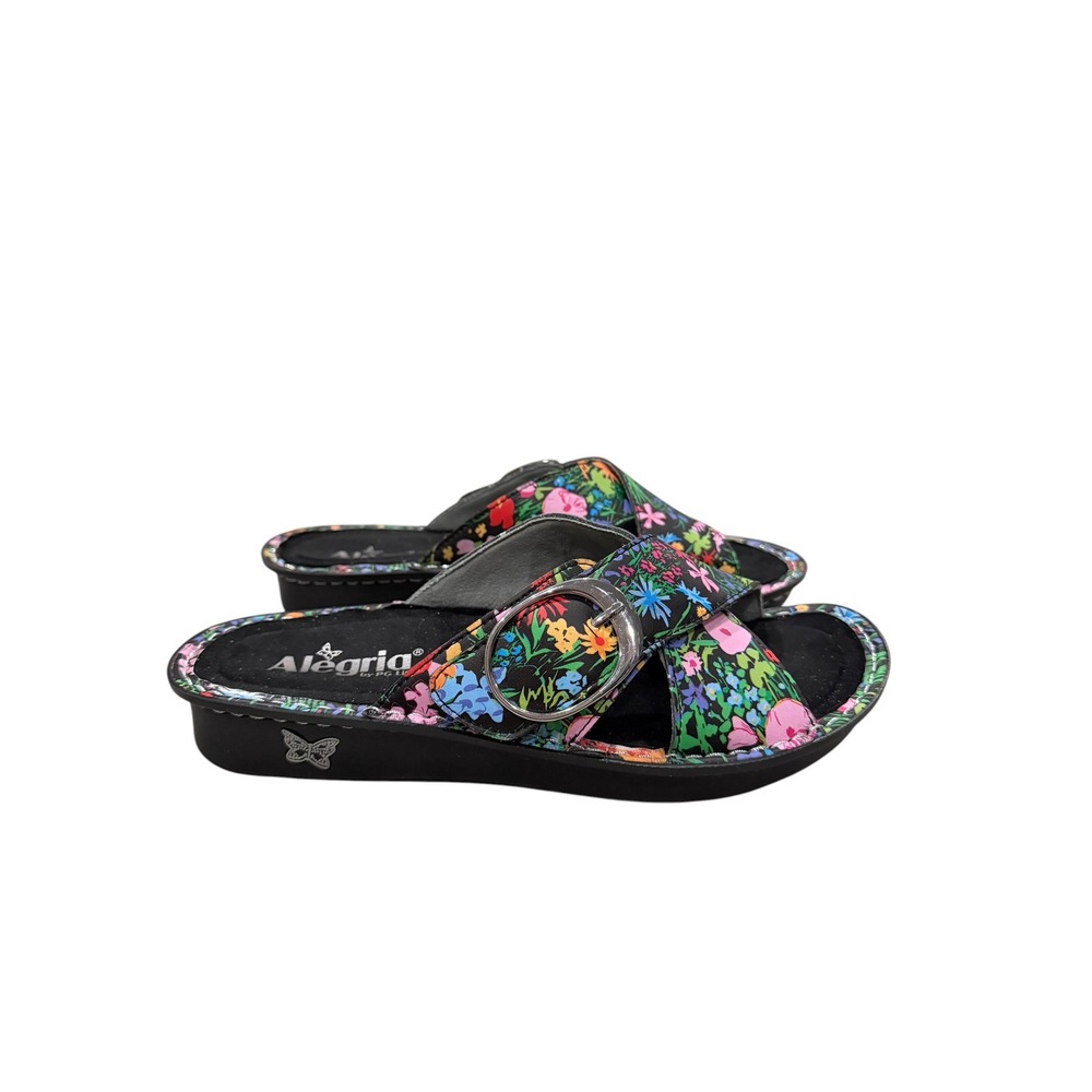 Alegria EU 40 US 9.5 Floral Print Black Leather Slide Summer Sandals